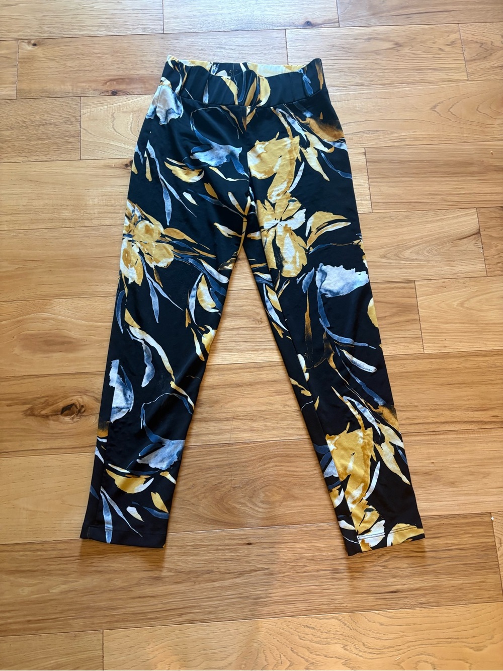 Frank Lyman Design Black Pants with Mustard and Gray Floral Motif